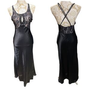 Vtg Val Mode Sz P/S black maxi slip Dress nightgown satin lace whimsigoth retro